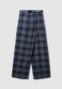 Karierte Hose in Marineblau mit weitem Bein, glatter Textur, zwei Gesäßtaschen und einem schwarzen Bund.