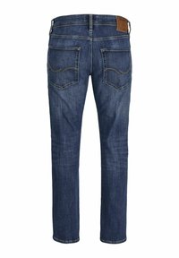 Dunkelblaue Jeans mit geradem Bein, Gesäßtaschen mit dekorativem Stich und einem braunen Lederpatch am Taillenbund.