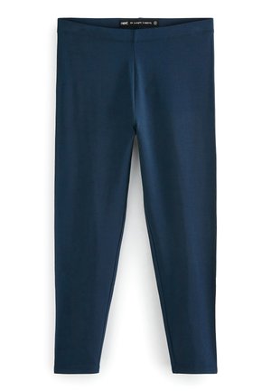 Tamsiai mėlynos ¾ ilgio legging'ų, pagamintų iš lygaus, elastingo medžiagos. Yra platus, elastingas liemuo. Be raštų ar matomų detalių.