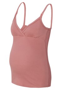 Schwangerschafts-Tanktop in staubrosa, mit geripptem Stoff, verstellbaren Trägern und einem Überkreuzdesign für zusätzlichen Komfort über dem wachsenden Bauch.