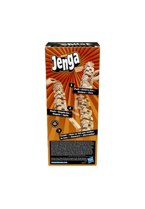 Holz-Jenga-Spielbox mit einem orangefarbenen Farbspritzer-Design, mehrsprachigen Anleitungen und Bildern von gestapelten Blöcken mit Händen.