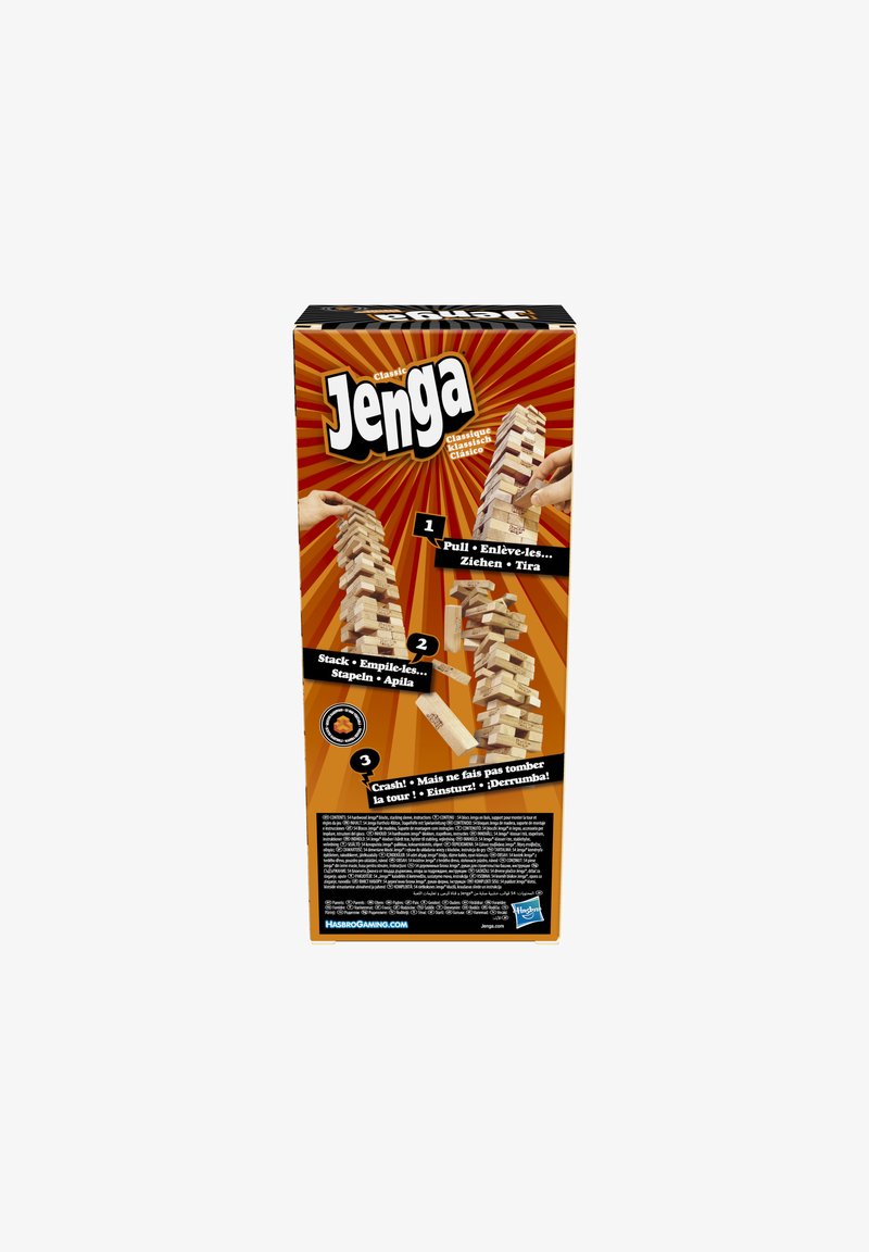 Wooden Jenga game box featuring an orange burst design, instructions in multiple languages, and images of stacked blocks with hands.