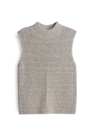 Sleeveless sweater in a soft, light gray knitted texture with a high neck and ribbed hem, featuring a vertical seam detail on the front.