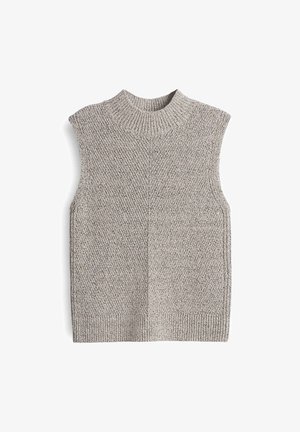 Mouwloze trui in een zachte, lichtgrijze gebreide textuur met een hoge nek en ribgebreide zoom, met een verticale naaddetail aan de voorkant.