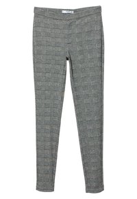 Szare legginsy w wzór kraty, wykonane z elastycznej tkaniny, z gumką w pasie i dopasowanym krojem.