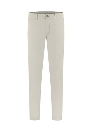 Pantaloni chino beige slim fit con chiusura a bottone e zip, passanti per cintura e gambe dritte, mostrati distesi su sfondo bianco.