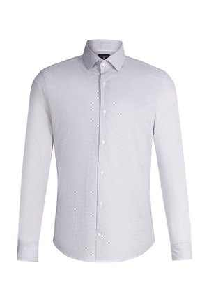 Weißes Herrenhemd mit langen Ärmeln, kleinem blauem geometrischem Muster, durchgehender Knopfleiste und klassischem Kragen.