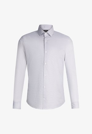 Weißes Herrenhemd mit langen Ärmeln, kleinem blauem geometrischem Muster, durchgehender Knopfleiste und klassischem Kragen.