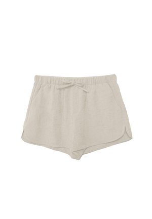 Shorts pour femmes en mélange de lin beige avec taille élastiquée, cordon ajustable, poches latérales et détail d'ourlet incurvé.