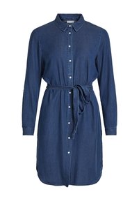 Jeansová košilová šaty ve tmavě modré barvě s límečkem, předním zapínáním na knoflíky, dlouhými rukávy a zavazovací šňůrkou v pase. Postranní rozparky v lemu.