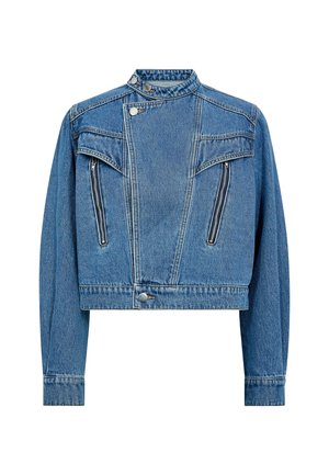 Gaiši zila džinsa jaka ar saīsinātu dizainu, augstu apkakli, divām priekšējām kabatām ar rāvējslēdzēju, raksturīgu šuvumu un pogu aizdari priekšpusē.