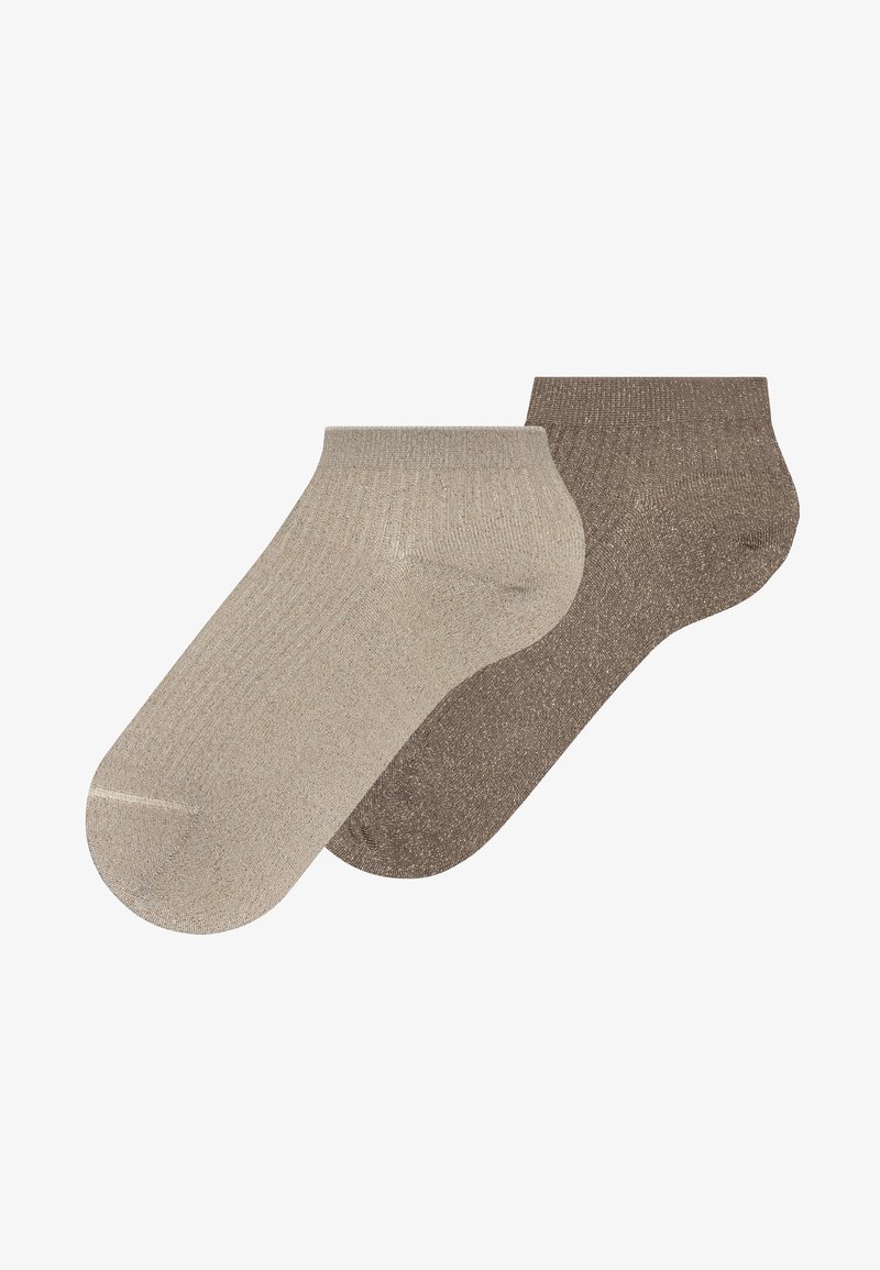Deux paires de chaussettes courtes côtelées, une beige et une marron, présentées côte à côte sur un fond blanc.
