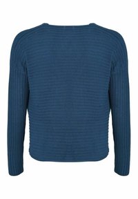 Blauer gerippter Strickpullover mit langen Ärmeln, weiter Ausschnitt und cropped Saum. Die Textur ist glatt mit einem gleichmäßigen Muster.