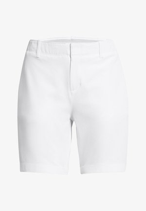 Pantaloni corti di cotone bianchi con taglio dritto, dotati di una vita piatta e una piega sottile al centro, con orli arrotolati alle gambe.