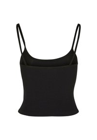 Black ribbed tank top with thin straps and a fitted design. Features a smooth texture and a straight hem.