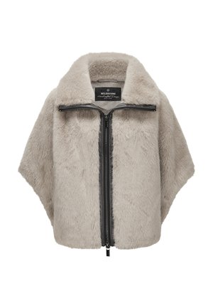 Hellgraues Kunstfell-Cape mit breitem Kragen und zentralem schwarzem Reißverschluss, innen am Kragen mit Milestone Handcrafted Design beschriftet.