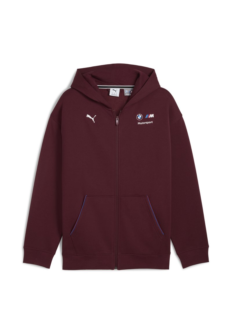 Sudadera con cremallera en color burdeos, con capucha, que presenta bolsillos con acentos en azul, un logo de Puma y una marca de BMW Motorsport en el pecho.