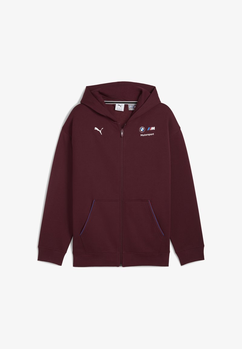 Burgundi színű zipzáras kapucnis jumper, kék részletekkel ellátott zsebekkel, Puma logóval és BMW Motorsport márkázással a mellkason.