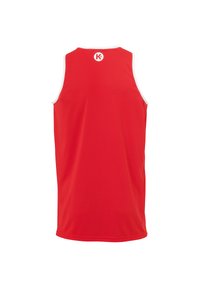 Rotes ärmelloses Sporttrikot mit einem weißen Halsausschnitt und Armausschnitten, das ein kreisförmiges Logo im oberen Rückenbereich aufweist. Glattes, leichtes Material.
