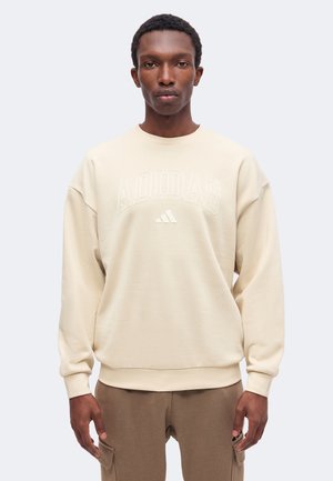 Νέος άνδρας που φοράει μια μπεζ φούτερ Adidas με ανάγλυφο λογότυπο και καφέ cargo παντελόνια, στέκεται μπροστά σε ένα απλό φωτεινό φόντο.