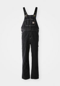 Svart denim overall har justerbare stropper, en frontlomme og detaljer i gullfarget metall. Stoffet har et teksturert, robust utseende.