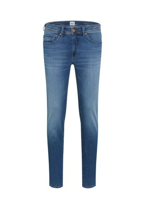 Herren Slim-Fit Jeans aus blauem Denim mit vorderer Knopfleiste, Reißverschluss, Gürtelschlaufen und Fünf-Taschen-Stil.