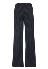 Svarte pinstripe bukser med avslappet passform, elastisk midjebånd, lett stoff og rette ben.