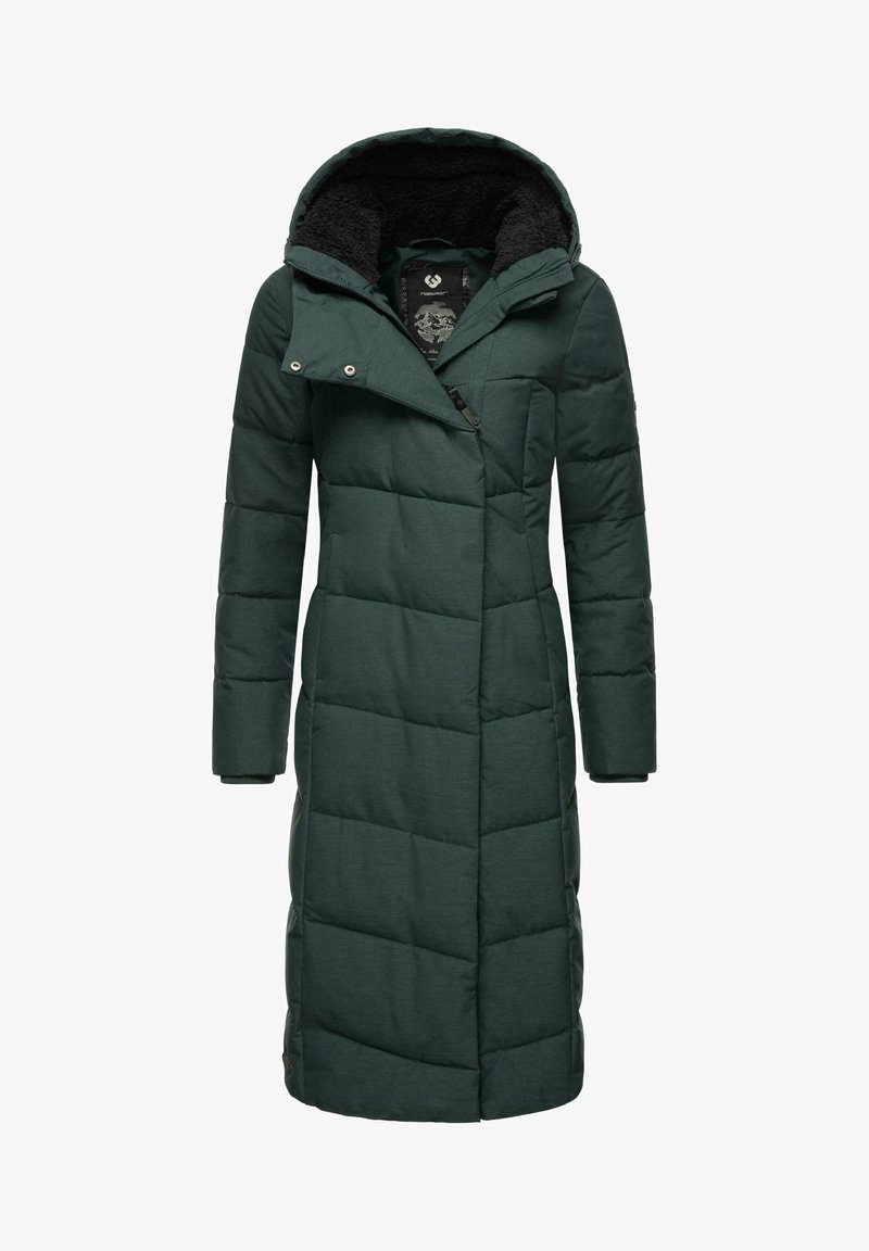 Long green puffer coat with a hood, featuring a diagonal zipper closure, square quilted pattern, and soft fur lining in the hood.