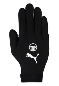 Black gloves made of soft material with a fitted design. Features white embroidered logos of a cat and a circle.