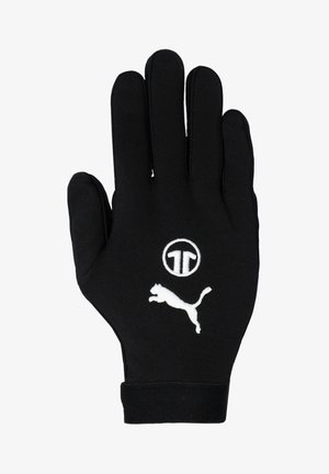 Schwarze Handschuhe aus weichem Material mit passgenauen Design. Enthalten weiße gestickte Logos einer Katze und eines Kreises.