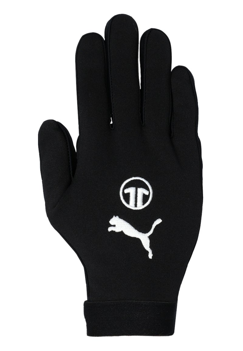 Black gloves made of soft material with a fitted design. Features white embroidered logos of a cat and a circle.