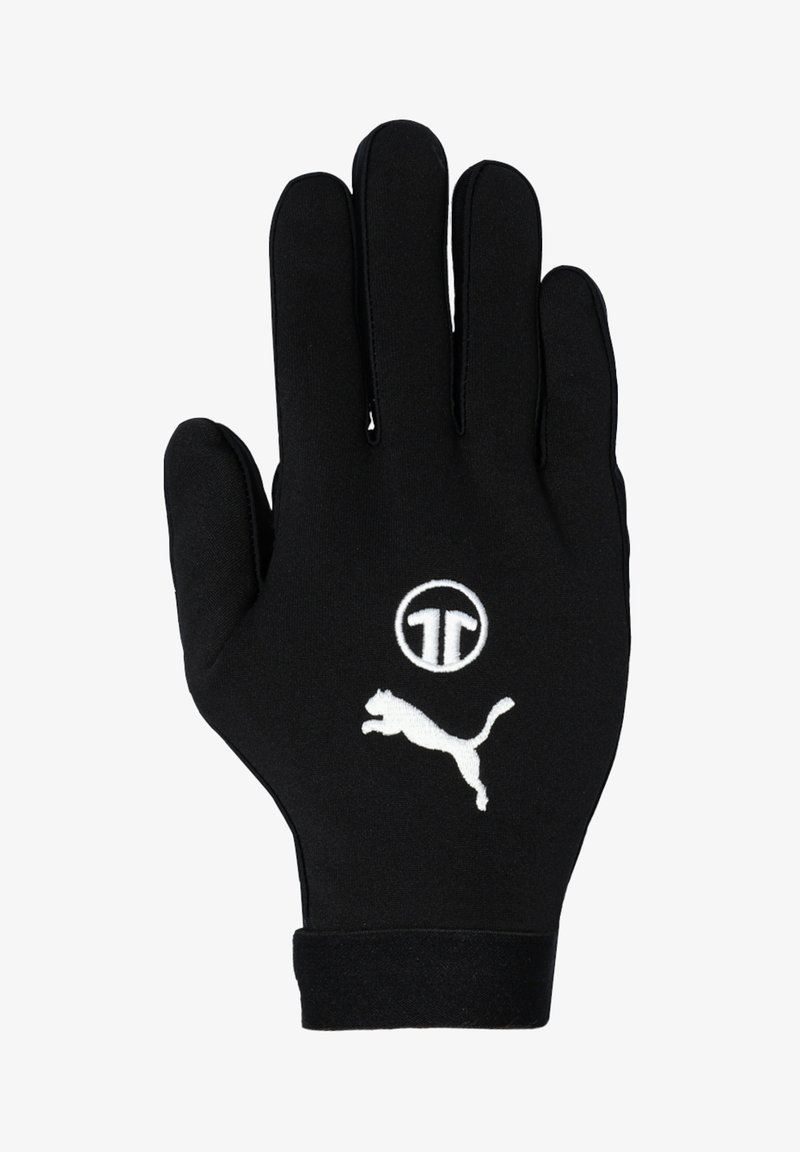 Black gloves made of soft material with a fitted design. Features white embroidered logos of a cat and a circle.