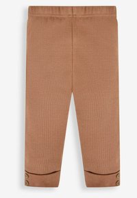 Pantaloni marroni a coste con una consistenza morbida, dotati di una vita elastica e polsini con bottoni all'altezza delle caviglie. Design semplice e leggermente svasato.