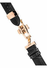 Svart läderrem med ett polerat roséguld rostfritt stålspänne, som har en krokodiltextur och en stilren, modern design.