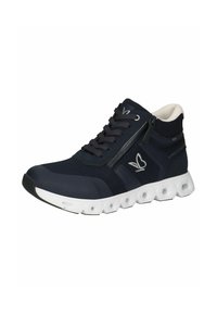 Zapatilla deportiva de color azul marino con un upper texturizado, cierre de cordones y cremallera, y una suela hexagonal blanca para mayor agarre y soporte.