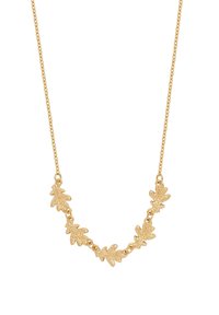 Kuldne kett-kaelakee, millel on viis detailset tammelehe ripatsit, mis on valgel taustal reas ühendatud.