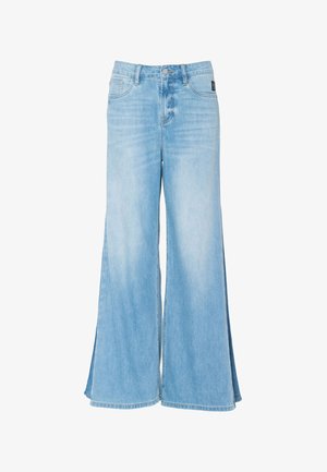 Jeans in denim azzurro chiaro a gamba larga con tasche frontali, passanti per cintura, chiusura con bottoni e dettagli di scoloritura sottili.