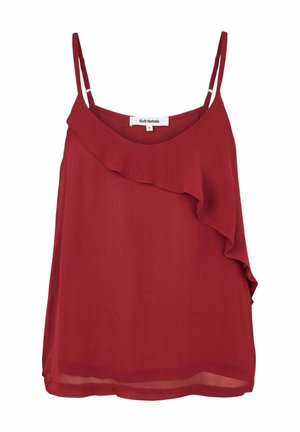 Rød ærmeløs bluse med tynde justerbare stropper og en diagonal flæsedetalje på forsiden, letvægtsstof, størrelse small.