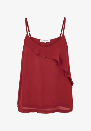 Blusa rossa senza maniche con sottili bretelle regolabili e dettaglio di balza diagonale sul davanti, tessuto leggero, taglia piccola.