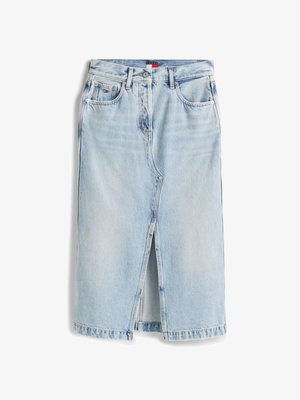 Světle modrá denimová sukně s předním rozparkem, pěti kapsami a zapínáním na knoflík. Klasický střih s jemným vyblednutím a detaily vyšívání.