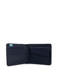 Navy leather wallet with multiple card slots, a coin pocket, and embossed logo. Features contrasting colored accents and smooth texture.