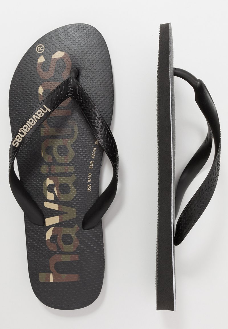 Tongs Havaianas noires avec semelle texturée, nom de la marque sur les brides et la semelle, vues de dessus et de côté.