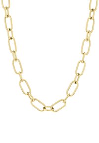 Guldkæde i metal med aflange ovale led, glat overflade, ensartet form og poleret finish.