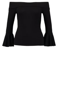 Schwarzes, geripptes Off-Shoulder-Oberteil mit langen Ärmeln und ausgestellten Bündchen. Der Stoff ist glatt und hat eine figurbetonte Silhouette.