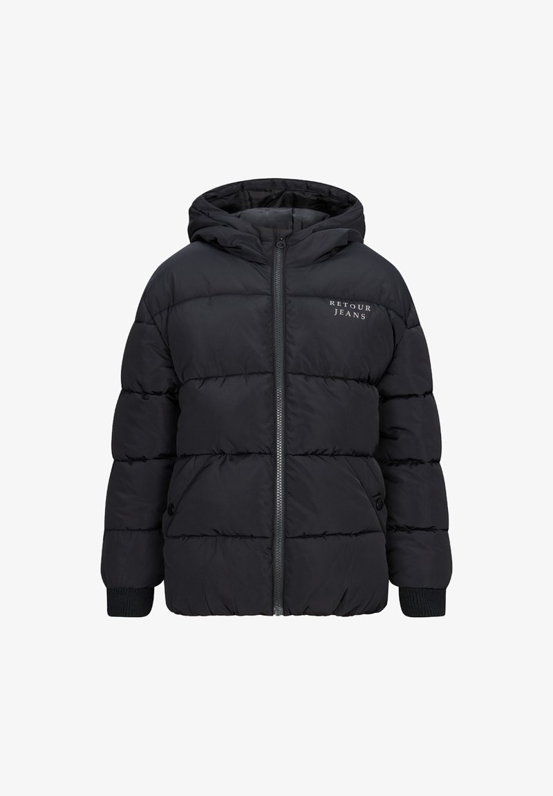 Czarna kurtka puchowa z kapturem, pikowany wzór, zamek z przodu i elastyczne mankiety. Logo "Retour Jeans" nadrukowane na klatce piersiowej.