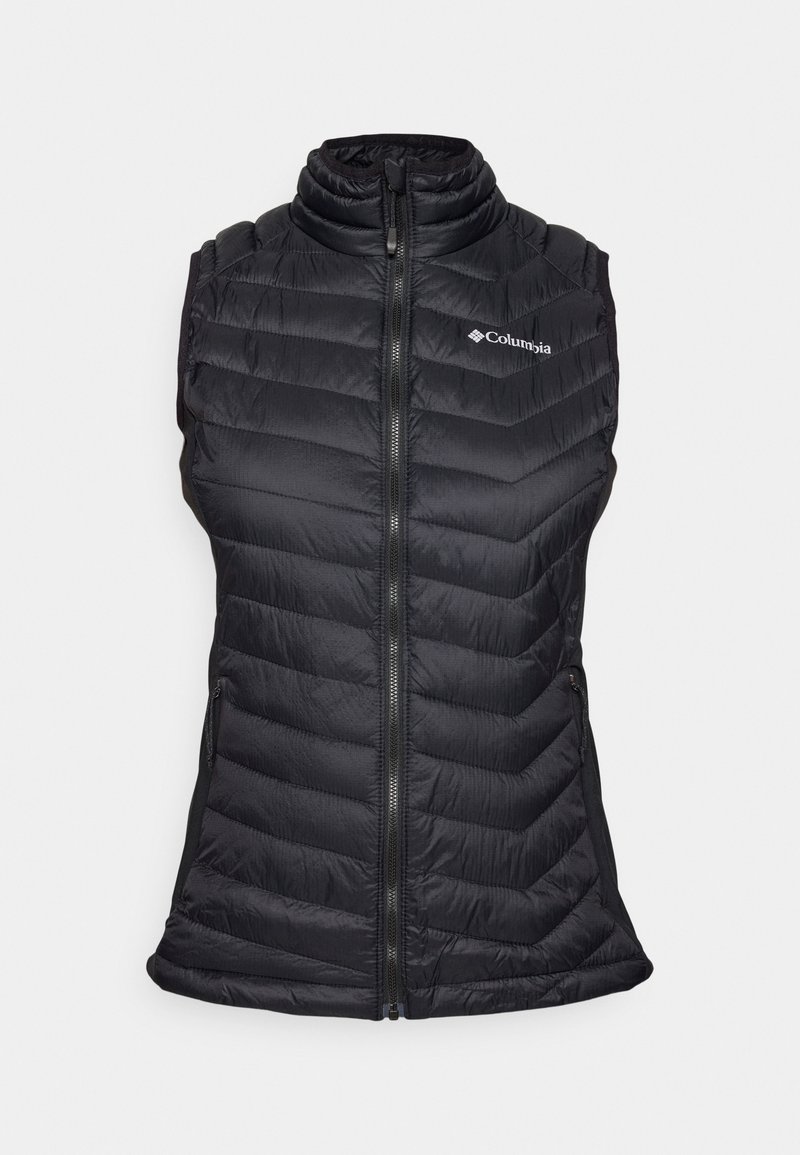 Black puffer vest with a high collar, vertical quilted design, zip closure, and two side pockets. Features a logo on the chest.