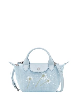 Light blue handbag with top handles and removable shoulder strap, featuring three embroidered dandelions with seeds blowing in the wind.