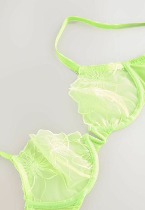 Lichtgroene mesh beha met bloemenborduursel, zachte cups, verstelbare bandjes en naadloze randen voor comfort.