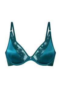 Teal satin bra with lace panels and adjustable straps; features a triangular shape and a small decorative embellishment at the center.