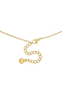Collier en chaîne dorée avec une étiquette circulaire. Présente un design de maillons délicats et un fermoir à homard pour la fermeture. Texture lisse, finition brillante.